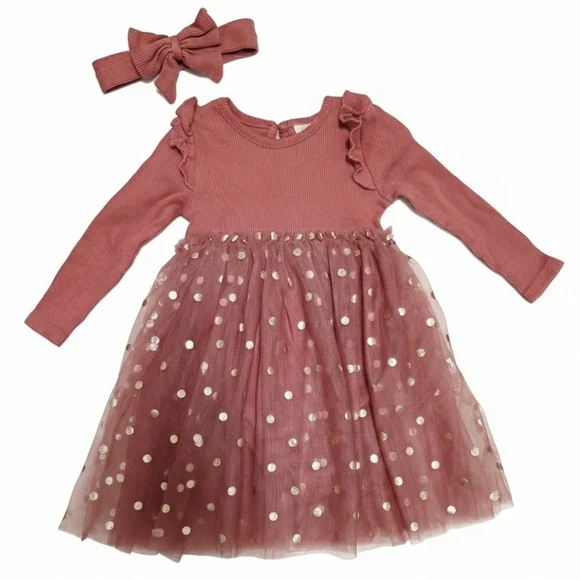 New Madison Layne Baby Girl Tulle Dress & Headband Set - Mauve/Gold - 24M