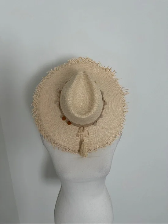 Fringed Straw Sun Hat with Bead & Tassel Accent - Natural - Includes Bracelet