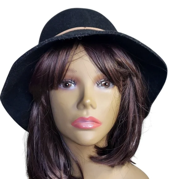 Vintage Saks Fifth Avenue Black 100% Wool Bucket Hat with brown leather accent
