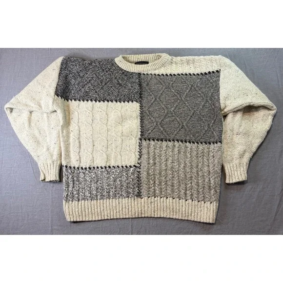 Britches Patchwork Knit Sweater Crew Neck Long Sleeve Casual Pullover Wool USA