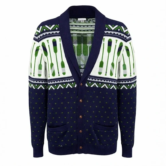 Merona Blue Oars Nautical Fair Isle Cardigan Sweater Mens Size L Cotton‎ Classic