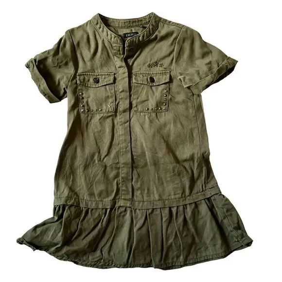 Girl’s Army Green Ruffle Skirt Shirt Dress, Sz: 4T