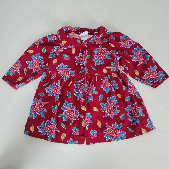 Vintage OshKosh Dress Girls 18M Red Floral Print Collared Button Up Corduroy USA