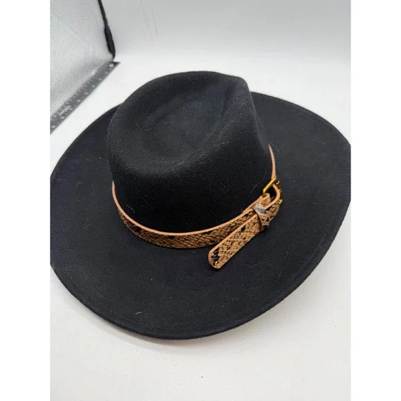 POL Black 100% Wool Wide Brim Fedora Hat indie cowgirl Snakeskin Buckle mobwife