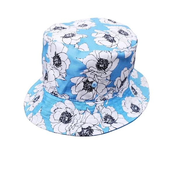 Steve Madden Sky Blue White Floral Print Reversible Bucket Hat Size OS