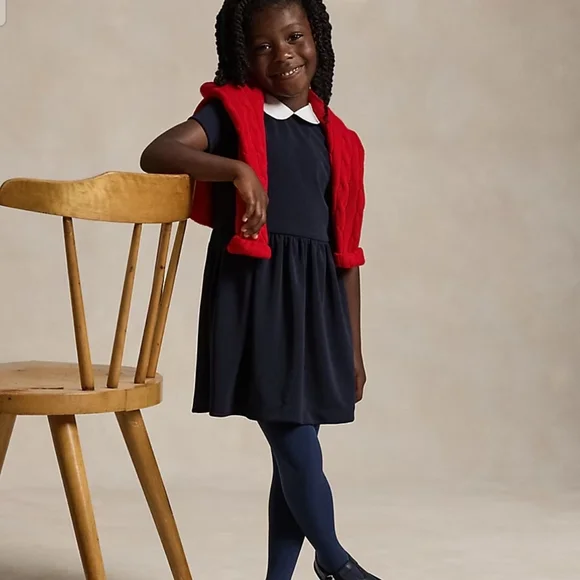 Polo Ralph Lauren Girls Collared Crepe Dress Navy Blue Size 5 Schoolgirl Preppy
