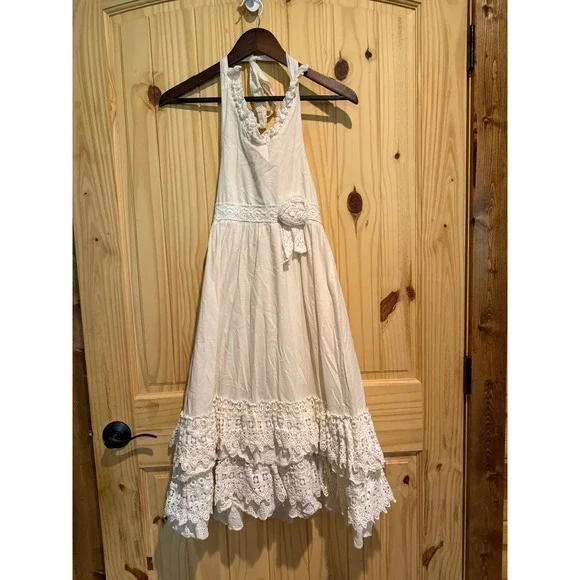 Mustard Pie Girls Cream Cotton Halter Dress Crochet Lace Ruffle Boho Size 6