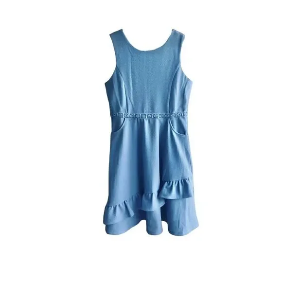 NWT GIRLS Blush Light Blue Polyester Sleeveless Front Pockets Lace Ruffle Zipper