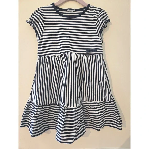 Topolino Girls Navy White Striped Tiered Ruffle Dress Organic Cotton Size 110