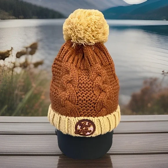 Blessed Girl God Is Love Pom Beanie Brown Cream Cable Knit Winter Hat OSFA