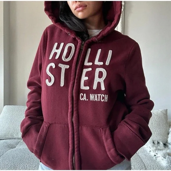 Y2K Hollister Hoodie Burgundy Zip Up Sweater Unisex 2000s Red Sweater Graphic‎ L