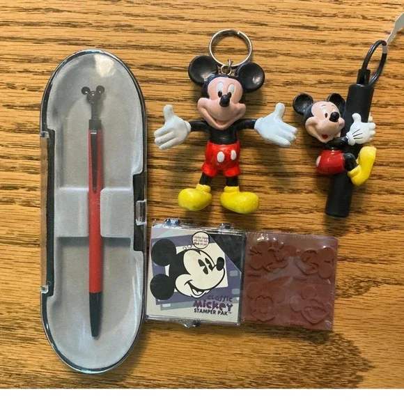 Disney Mickey Mouse Collectible Lot Pen Stamper Pak Keychain and Light Bundle