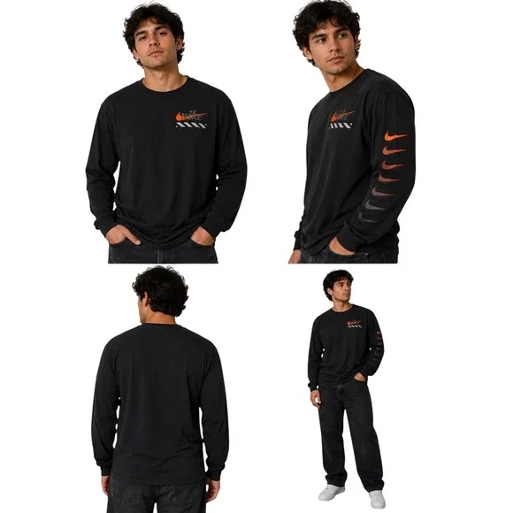 Nike Mens Long Sleeve Graphic T-Shirt Black Orange Multi Swoosh Just Do It