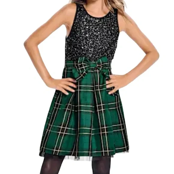 NWT Children's Place Chic Black Sequins Bodice Green/Gold Plaid Pullover Dress