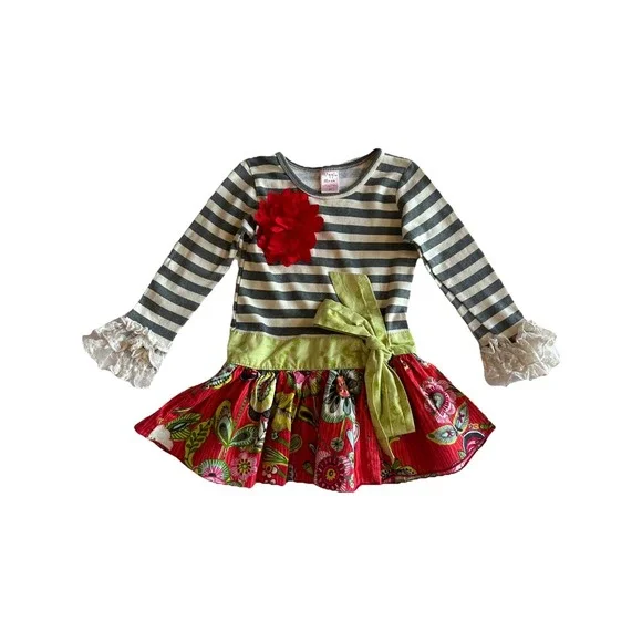 Giggle Moon Stripped Long sleeve Lace Trim With Red Floral Design‎ Size 4T
