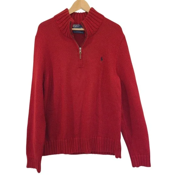 Polo Ralph Lauren Men's Red Cotton Sweater Medium Chunky 1/4 Zip Pullover Preppy