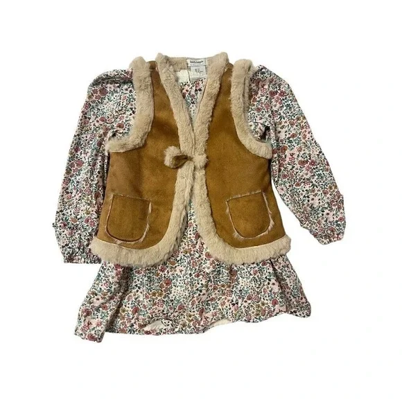 Haute Hippie Dress And Faux Fur Suede Vest Size 5T Ditsy Micro Floral Pink