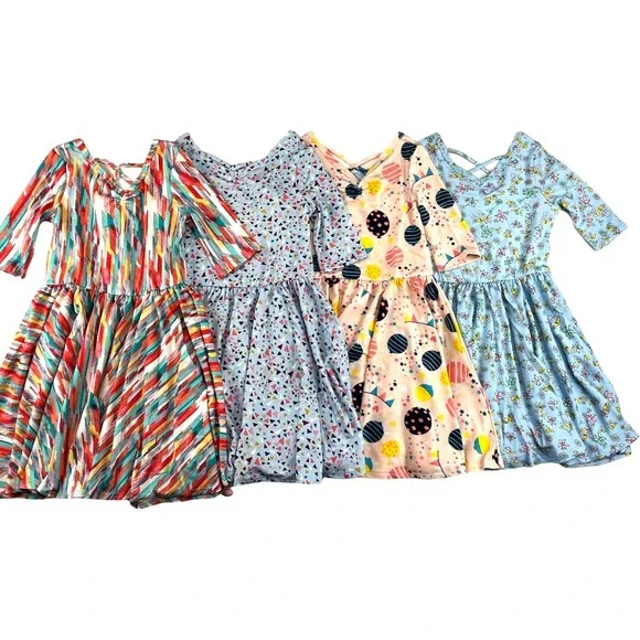 4pc Dot Smile Girls 3 4 Balloons Blue Floral Triangle Ballerina‎ Twirl Dress Lot