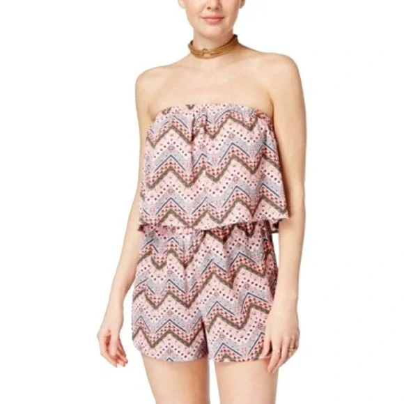 Ultra Flirt Juniors' Printed‎ Strapless Popover Romper-Sea SprayGeorgia Pea Sz M