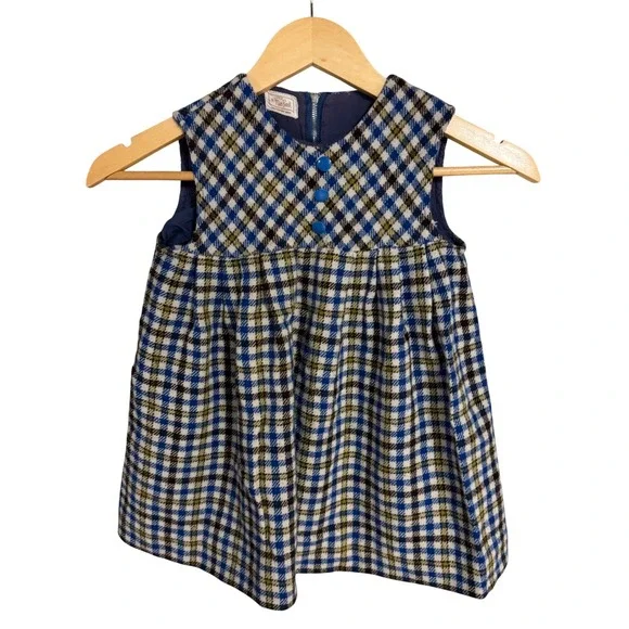 Vintage Little Miss Brent Montgomery Ward Plaid Jumper Dress Blue Green Kids