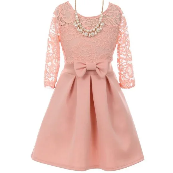Big Girls Lace Necklace Easter Graduation Party Casual Flower Girl Dress Blush 4