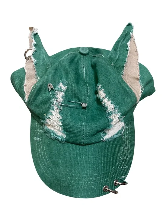 Distressed Cat Ear Baseball Cap Green Grunge Punk Y2K Adjustable