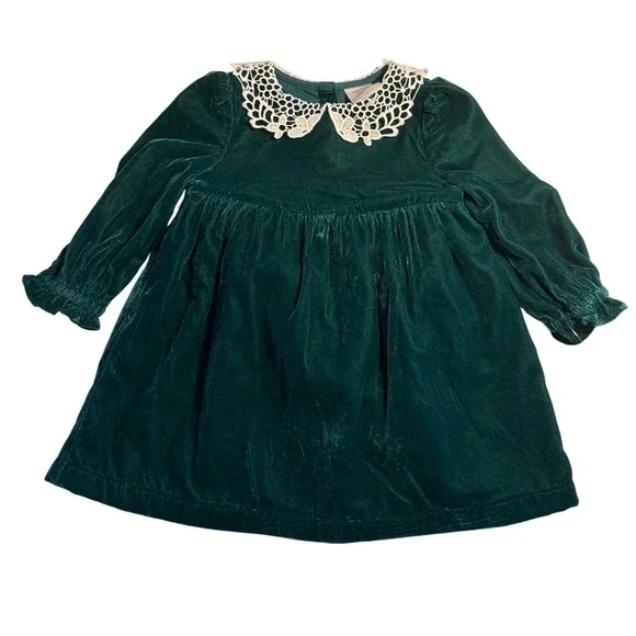 NWT Nordstrom Baby Girl‎ Green Velvet Lace Collar Dress Bloomers Set 24 Months