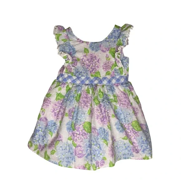 Tommy Bahama Baby Girl 6-9M Hydrangea Floral Dress & Bloomers Gingham Bow Blue