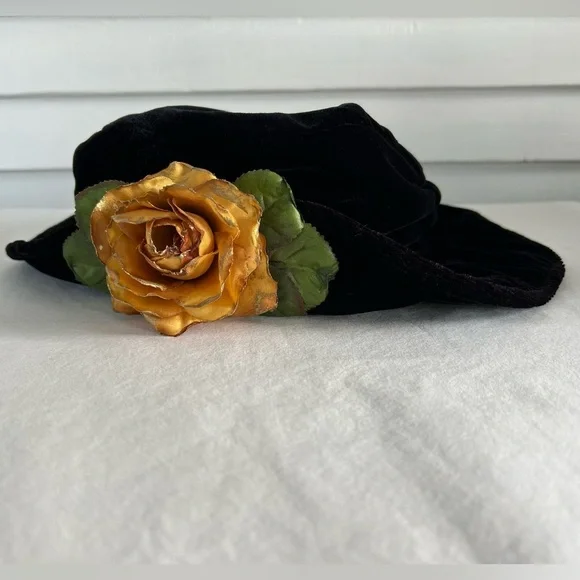 Vintage Black Hat with Gold Flower Accent by Accessory Lady w/‎ Tag
