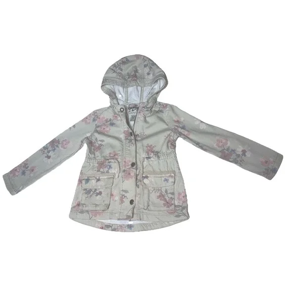 Girl 4T Oshkosh B'gosh Denim Jacket Beige Pink Blue Floral drawstring Waist