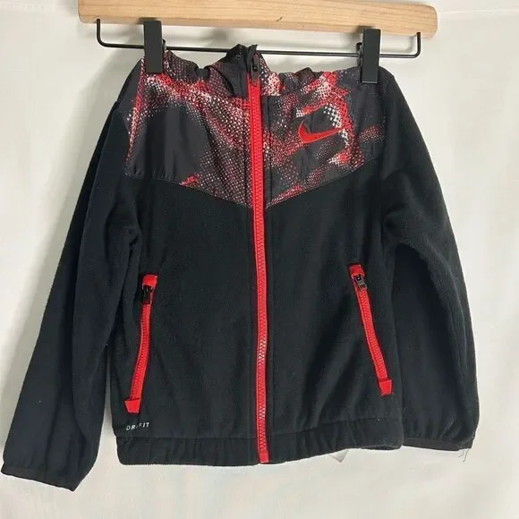 NWT Nike Boys 3T Therma Dri-Fit Fleece Hooded Zip Athletic Jacket Black Red