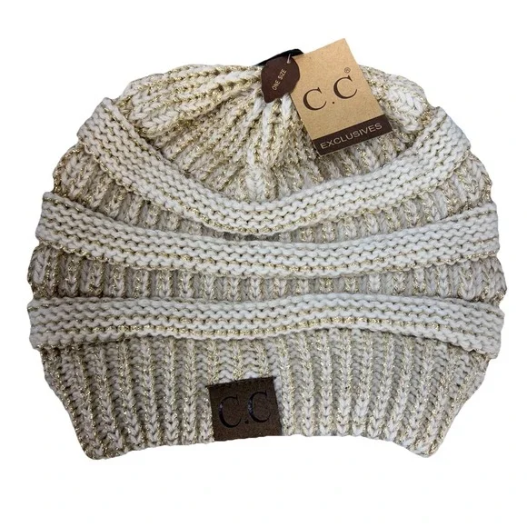 C.C Exclusives Knit Beanie Hat Cream Gold Metallic Acrylic One Size Women