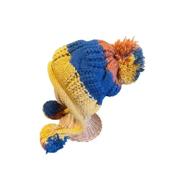 Multicolor Knit Beanie with Ear Flaps & Pom Poms – Blue Yellow Orange