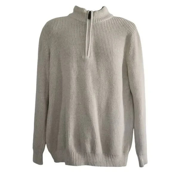 Izod Men's Size Large Cream Gray Sherpa Collar 1/4 Zip Pullover Sweater