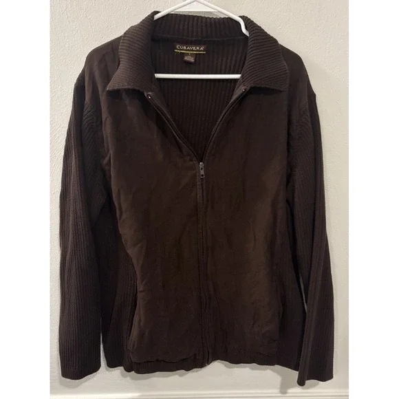 Cubavera Mens Large Brown Full Zip Sweater Jacket Faux Suede Cotton