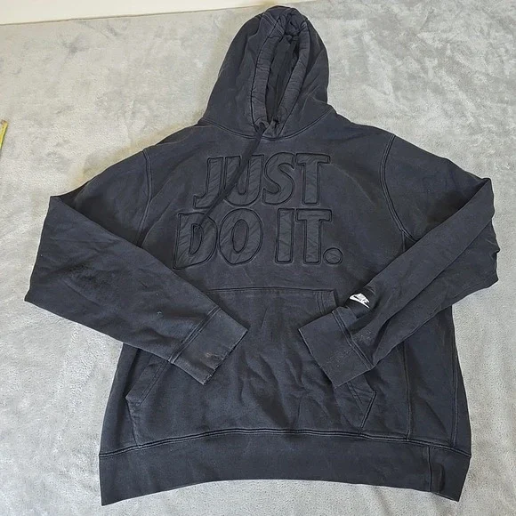 Nike Sweatshirt Mens Large Black Distressed Hooded Just Do It Activewear‎ Casual