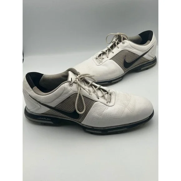 Nike Lunarlon Flywire Golf Shoes Mens 12 White Grey Spiked 418471-101