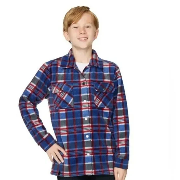 Quiksilver Boy's L (14/16) Fleece Shirt Jacket Shacket Pockets Snap Blue Plaid