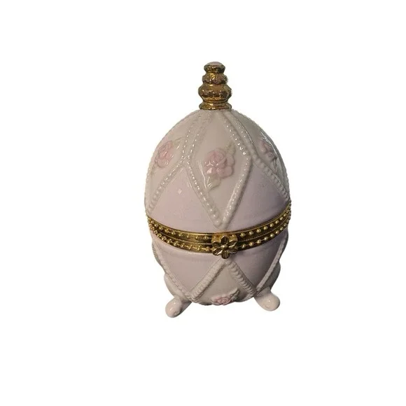 Vintage Porcelain Egg Trinket Box Floral Gold Trim‎ Hinged