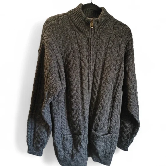 Shannon Woolen Mills Cable Knit 100% Wool Full Zipper Cardigan Fisherman Ireland