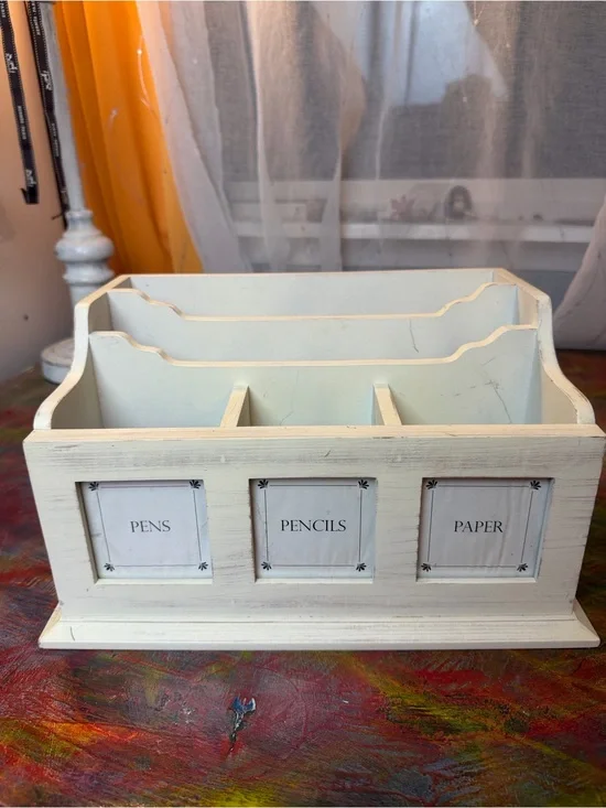 Cream Wooden Desk Organizer Pencil Paper Case with 5 Compartments