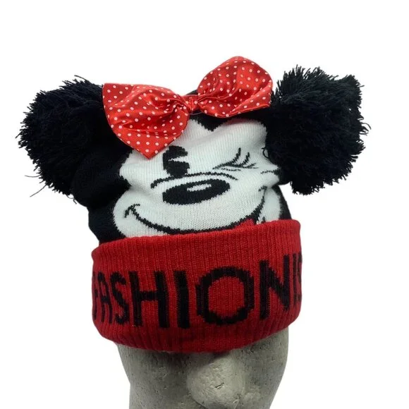 Disney Minnie Mouse Fashionista‎ Knit Beanie Bow & Ears Adult One Size Black Red