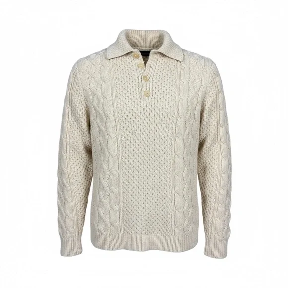 Hand-Knit Aran Fisherman Sweater Men’s Large Cream Wool Blend‎