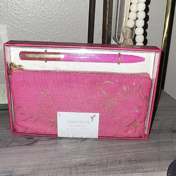 Papyrus Pink Pen and Gold-Accented Zip Pouch Gift Set. NEW.