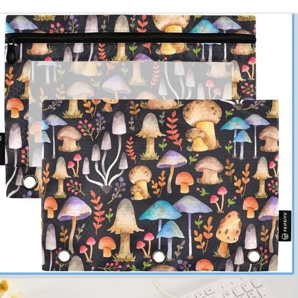 3 Ring Binder Pencil Pouch Mushrooms Pencil Case with Zipper
