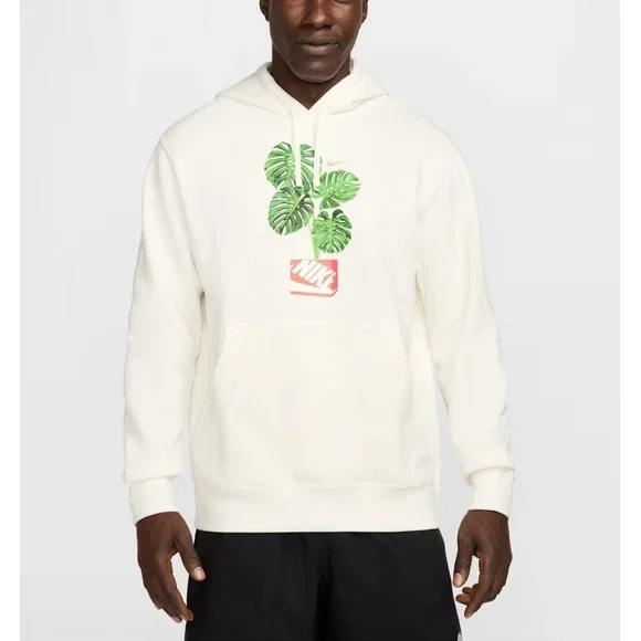 Nike Club Graphic Hoodie Size S Cream Off-White Monstera Plant Shoe Box Pullover