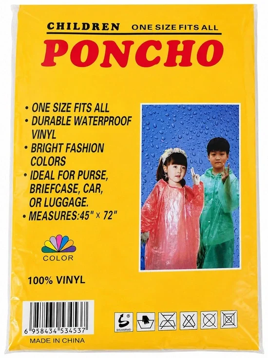 Children’s Waterproof Vinyl Rain Poncho – Choose One – Blue or Purple - One Size