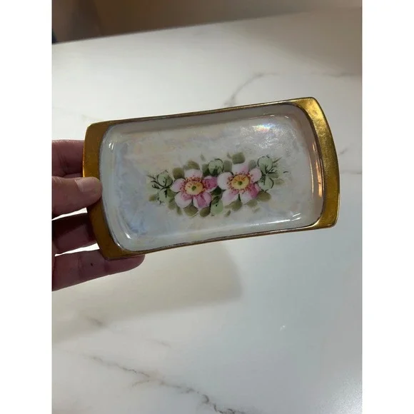 MZ Altrohlau CMR Czechoslovakia Lustreware Floral Trinket Dish Gold Trim Vintage