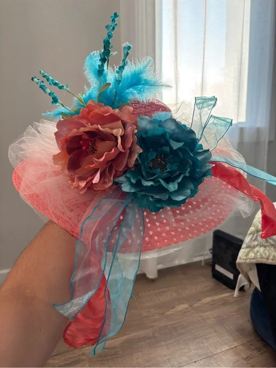 Coral and Teal Floral Fascinator Hat