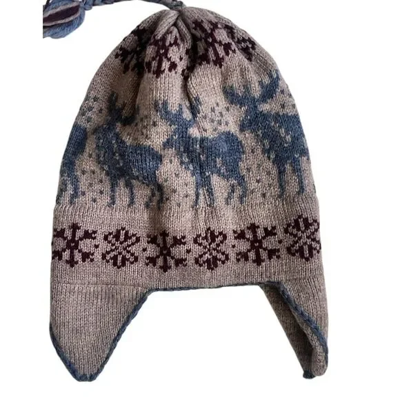Caribou Wool Women Men Reindeer Cozy Knit Tan Red Beanie Hat with Earflaps OS